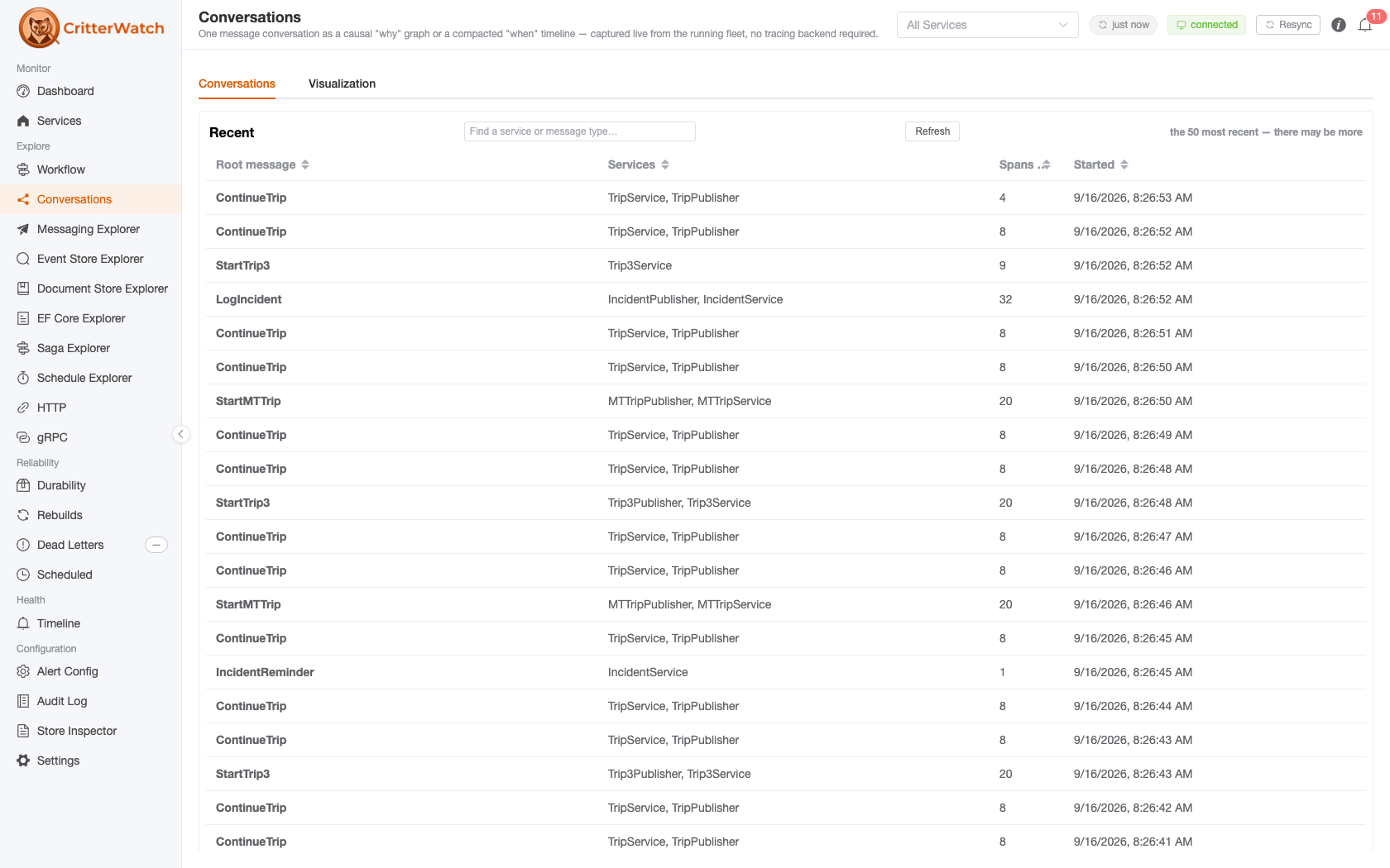 CritterWatch Conversations — recent message conversations captured live from the running fleet, each with its root message, participating services, span count and start time