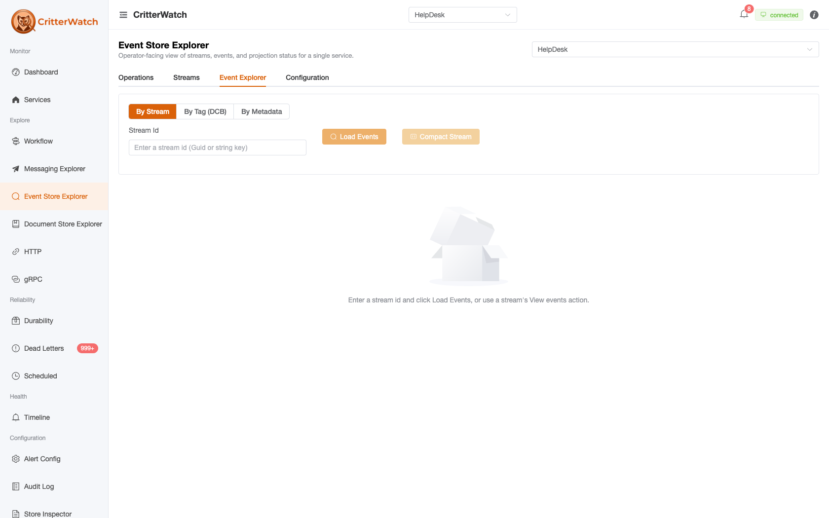 CritterWatch Event Store — the Stream Lookup view showing a single stream's metadata and its ordered event history for a monitored service