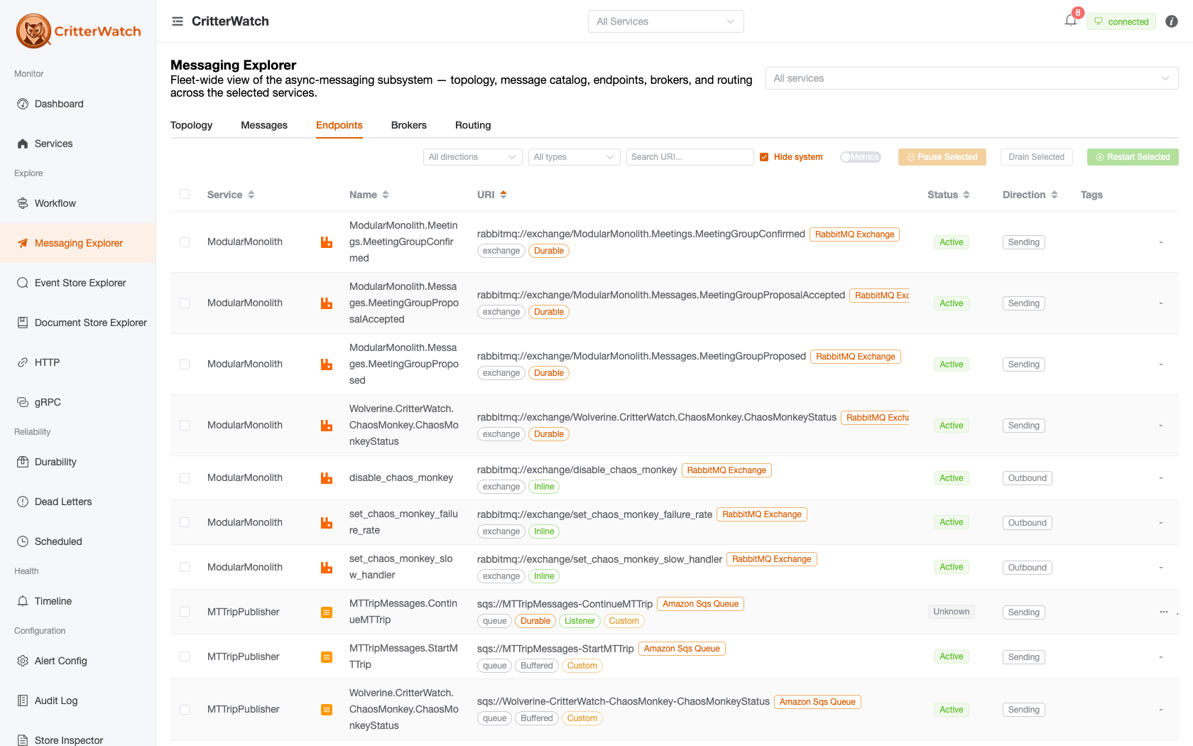 CritterWatch Endpoints — every inbound listener and outbound sender across services with status, direction, transport, and bulk pause/drain/restart controls