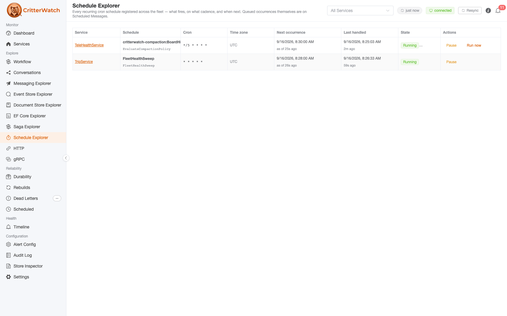CritterWatch Schedule Explorer — every recurring cron schedule across the fleet, each row naming the service, the schedule and its cron expression, the time zone, the next occurrence and when it was last handled with how fresh each reading is, its Running/Paused state, and the Pause and Run now actions