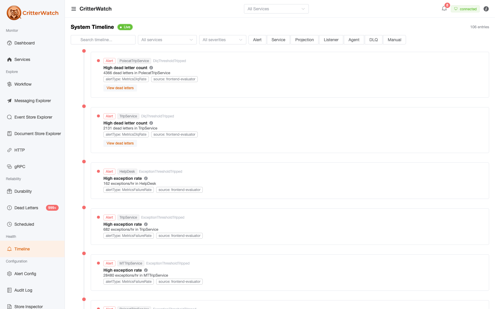 CritterWatch Activity Timeline — a live, filterable feed of alerts, service, projection, listener, agent, and DLQ events in reverse-chronological order